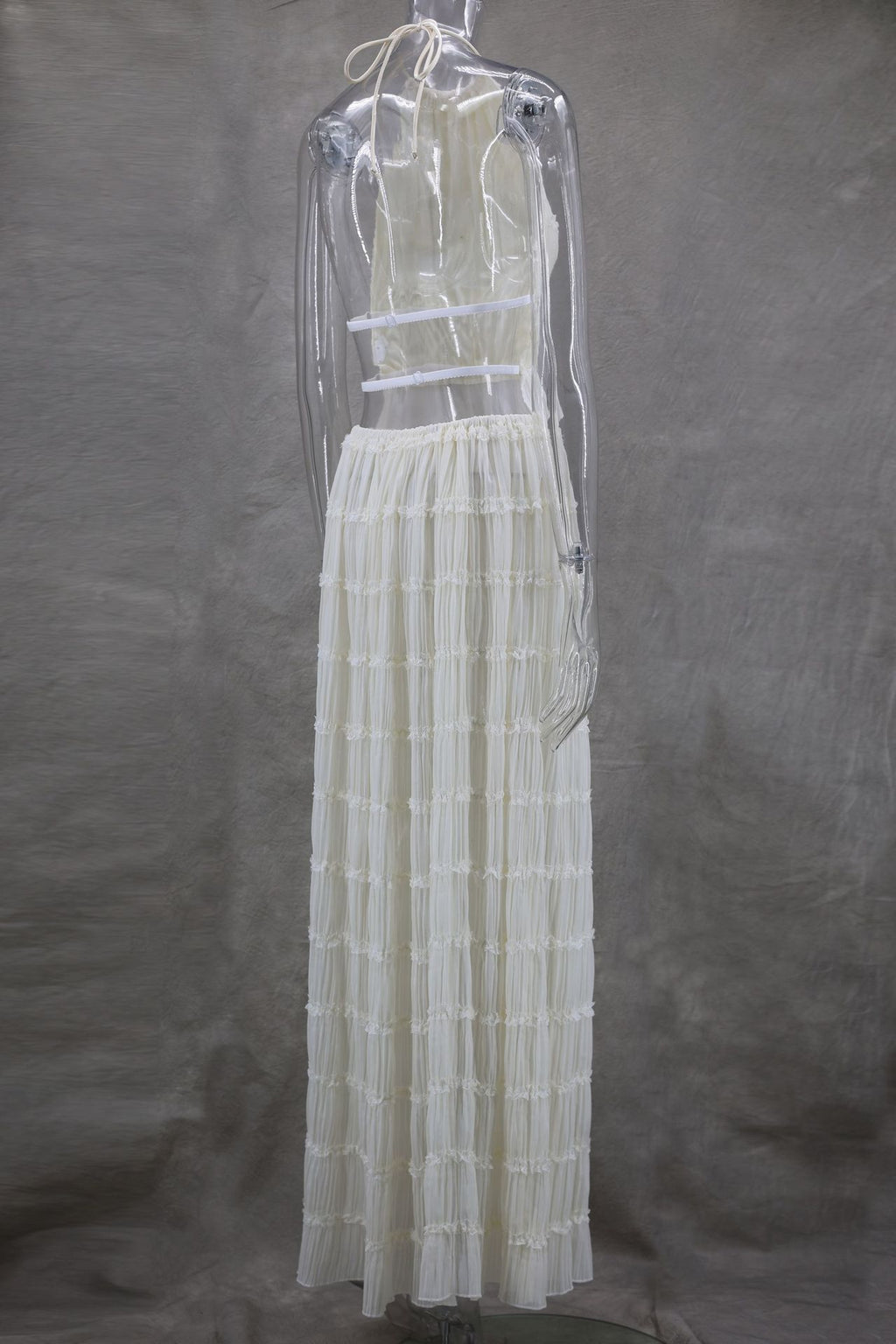 Chic Women’s Two-Piece Set - High-Neck Ruffled Crop Top