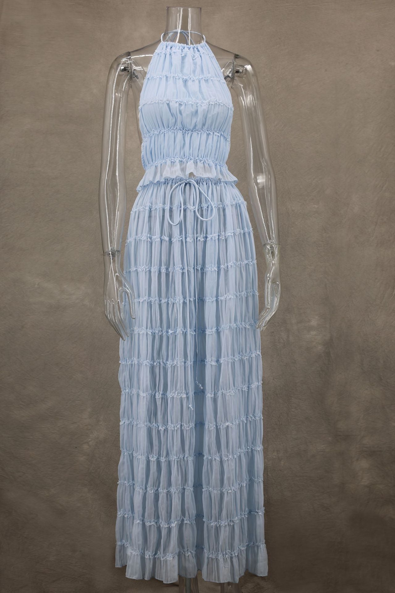 Chic Women’s Two-Piece Set - High-Neck Ruffled Crop Top