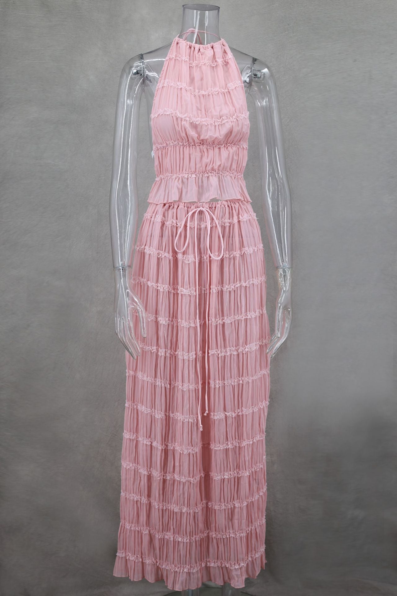 Chic Women’s Two-Piece Set - High-Neck Ruffled Crop Top