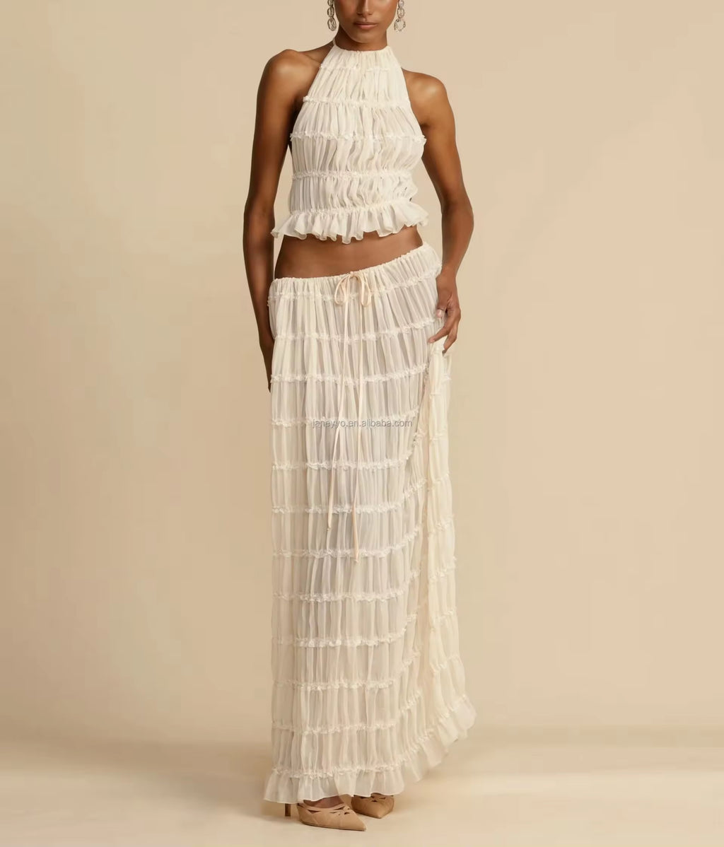 Chic Women’s Two-Piece Set - High-Neck Ruffled Crop Top