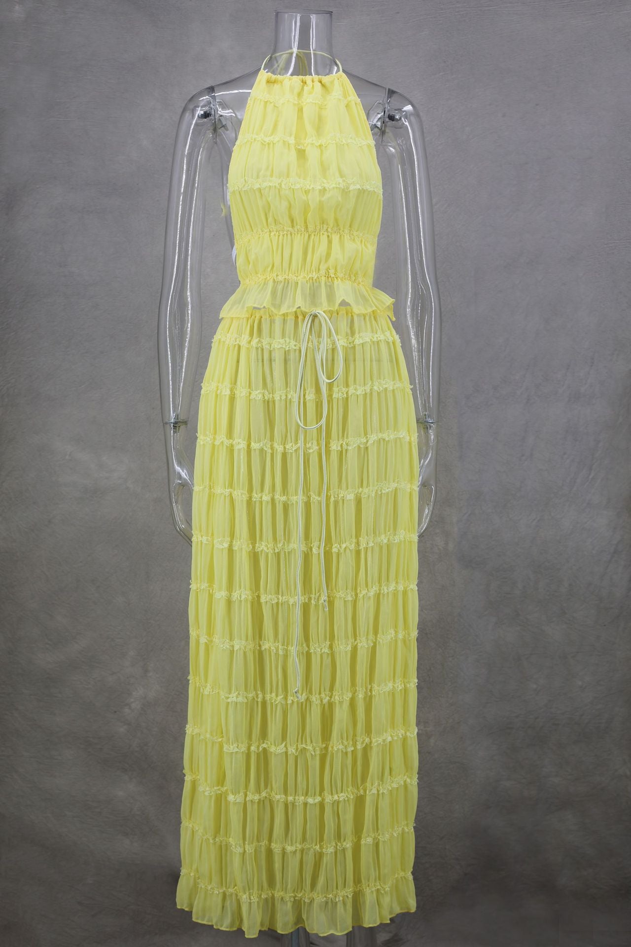 Chic Women’s Two-Piece Set - High-Neck Ruffled Crop Top